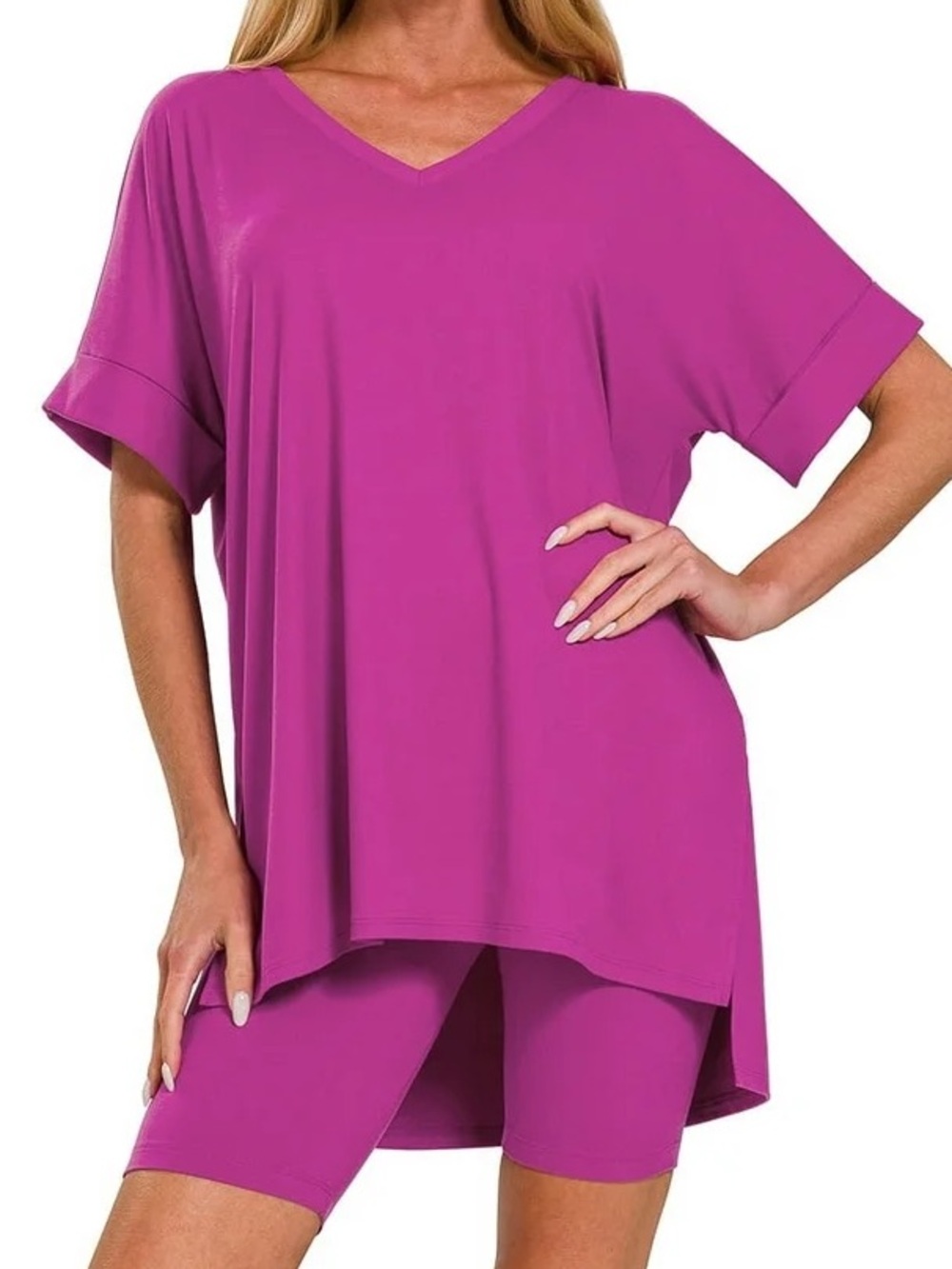 Zenana Outfitters V-Neck Lounge Top & Bike Short Set - Fuchsia